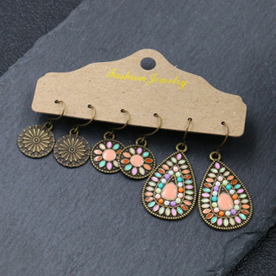Picture of Boho Chic Bohemia Earrings Antique Bronze Multicolor Round Drop 1 Set ( 3 Pairs/Set)