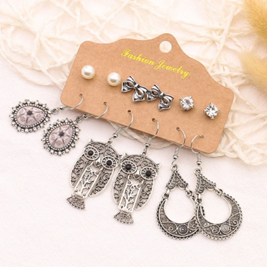 Picture of Boho Chic Bohemia Earrings Antique Silver Color Owl Animal Bowknot Clear Rhinestone Imitation Pearl 56mm, 6mm Dia., 1 Set ( 6 Pairs/Set)