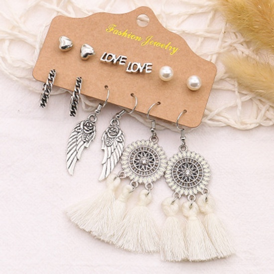 Picture of Boho Chic Bohemia Tassel Earrings Antique Silver Color White Dream Catcher Wing Imitation Pearl 74mm, 7mm Dia., 1 Set ( 6 Pairs/Set)