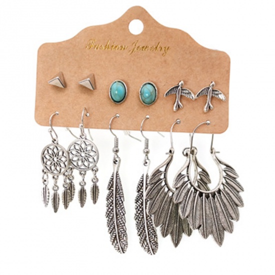 Picture of Acrylic Boho Chic Bohemia Earrings Antique Silver Color Dream Catcher Feather Imitation Turquoise 1 Set ( 6 Pairs/Set)