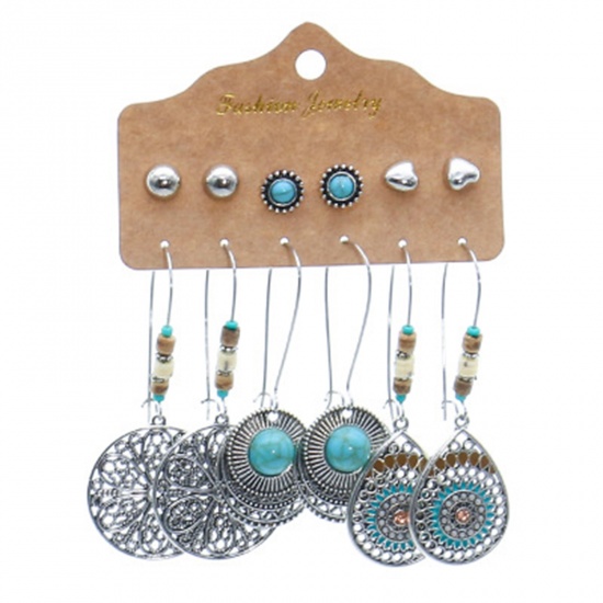 Picture of Acrylic Boho Chic Bohemia Earrings Antique Silver Color Round Drop Imitation Turquoise 1 Set ( 6 Pairs/Set)