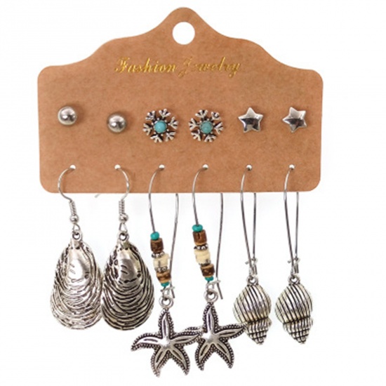 Picture of Acrylic Boho Chic Bohemia Earrings Antique Silver Color Star Fish Conch Sea Snail Imitation Turquoise 1 Set ( 6 Pairs/Set)