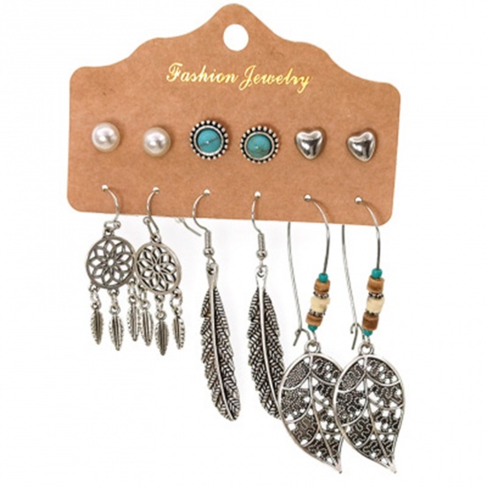 Picture of Acrylic Boho Chic Bohemia Earrings Antique Silver Color Dream Catcher Feather Imitation Turquoise 1 Set ( 6 Pairs/Set)