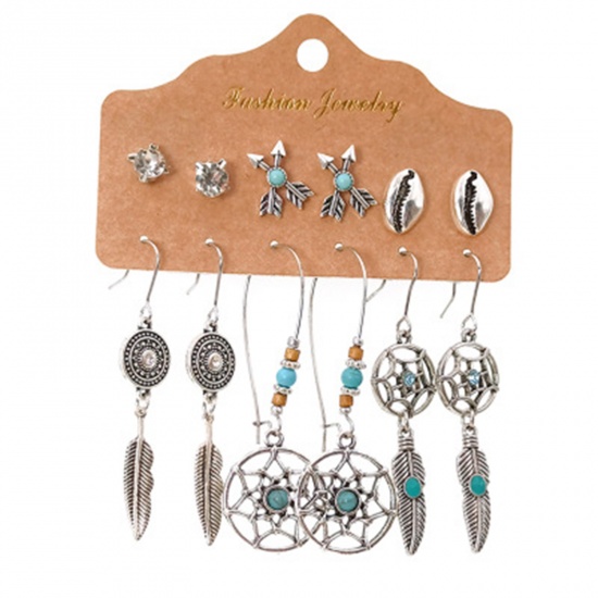 Picture of Acrylic Boho Chic Bohemia Earrings Antique Silver Color Dream Catcher Round Clear Rhinestone Imitation Turquoise 1 Set ( 6 Pairs/Set)