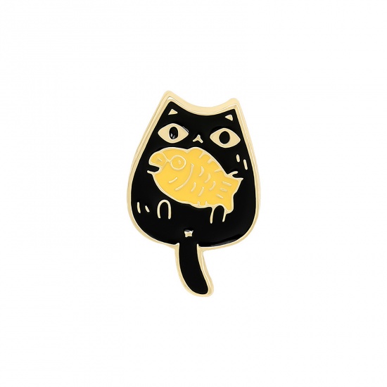 Picture of Pin Brooches Cat Animal Fish Black Enamel 20mm x 13mm, 1 Piece