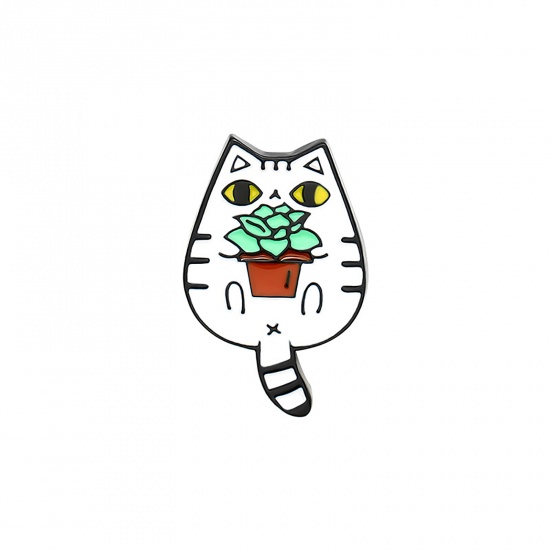 Picture of Pin Brooches Pot Plant Cat White Enamel 25mm x 15mm, 1 Piece