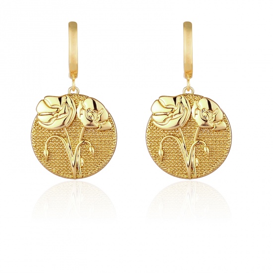 Picture of Copper Birth Month Flower Earrings 18K Real Gold Plated Round August 40mm x 15mm, 1 Pair