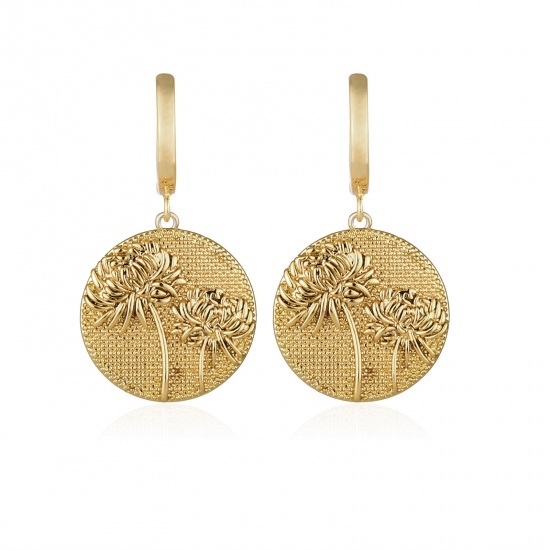 Picture of Copper Birth Month Flower Earrings 18K Real Gold Plated Round November 40mm x 15mm, 1 Pair