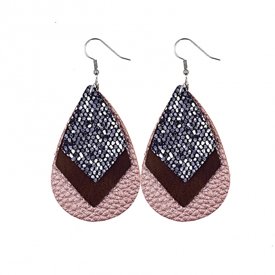 Picture of PU Leather Earrings Dark Pink Drop Sequins 78mm x 38mm, 1 Pair