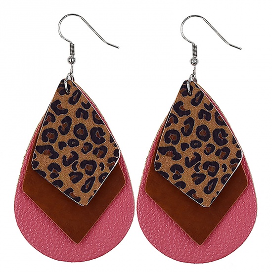 Picture of PU Leather Earrings Hot Pink Drop Leopard Print Sequins 78mm x 38mm, 1 Pair