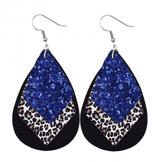 Picture of PU Leather Earrings Blue & Black Drop Leopard Print Sequins 78mm x 38mm, 1 Pair
