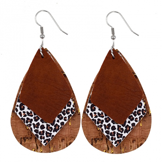 Picture of PU Leather Earrings Brown Drop Leopard Print 78mm x 38mm, 1 Pair