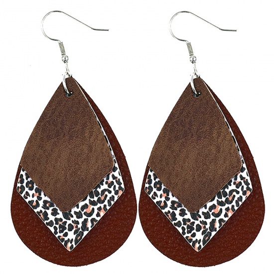 Picture of PU Leather Earrings Coffee Drop Leopard Print 78mm x 38mm, 1 Pair