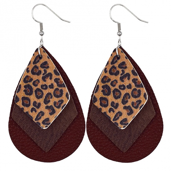 Picture of PU Leather Earrings Dark Coffee Drop Leopard Print 78mm x 38mm, 1 Pair