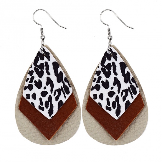 Picture of PU Leather Earrings Creamy-White Drop Leopard Print 78mm x 38mm, 1 Pair