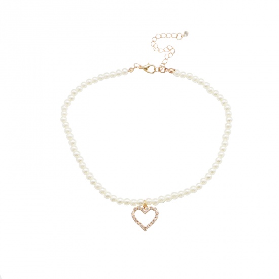 Picture of Acrylic Choker Necklace Gold Plated White Heart Imitation Pearl Clear Rhinestone 30cm(11 6/8") - 29cm(11 3/8") long, 1 Piece