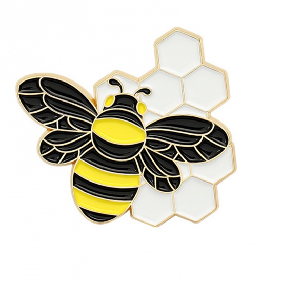 Picture of Insect Pin Brooches Dainty Beehive Bee Black & Yellow Enamel 46mm x 28mm, 1 Piece