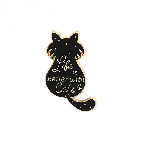Picture of Pin Brooches Cat Animal Black & White Enamel 30mm x 20mm, 1 Piece