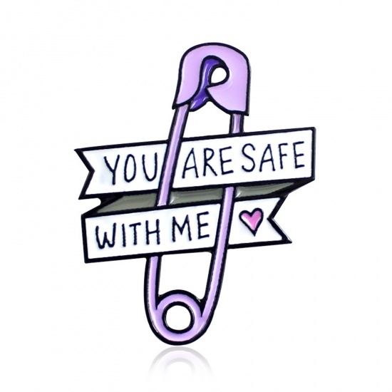 Picture of Pin Brooches Pin Heart Message " YOU ARE SAFE WITH ME " Mauve Enamel 44mm x 38mm, 1 Piece