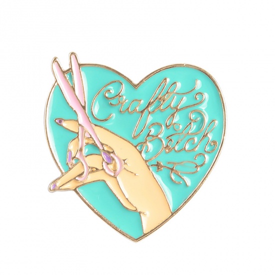 Picture of Pin Brooches Heart Scissors Green Blue Enamel 30mm x 30mm, 1 Piece