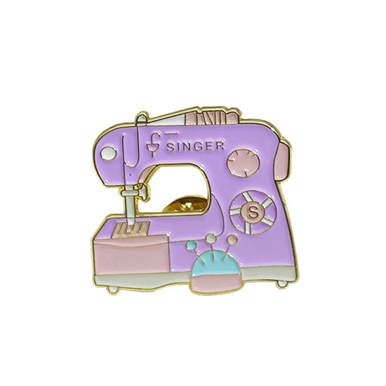 Picture of Pin Brooches Sewing Machine Purple Enamel 31mm x 28mm, 1 Piece