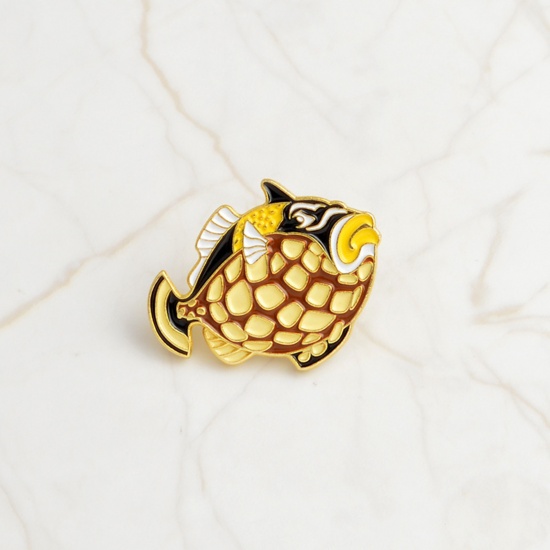 Picture of Ocean Jewelry Pin Brooches Fish Animal Black & Yellow Enamel 26mm x 20mm, 1 Piece