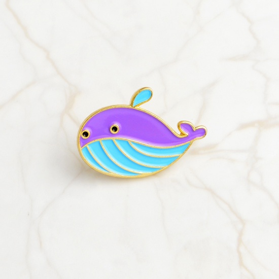 Picture of Ocean Jewelry Pin Brooches Dolphin Animal Purple & Blue Enamel 25mm x 17mm, 1 Piece