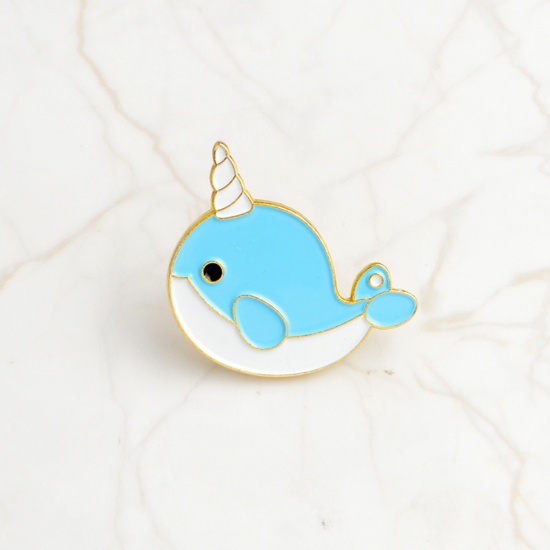 Picture of Ocean Jewelry Pin Brooches Whale Animal White & Light Blue Enamel 26mm x 25mm, 1 Piece