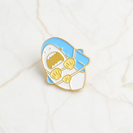 Picture of Ocean Jewelry Pin Brooches Shark Animal White & Light Blue Enamel 26mm x 20mm, 1 Piece