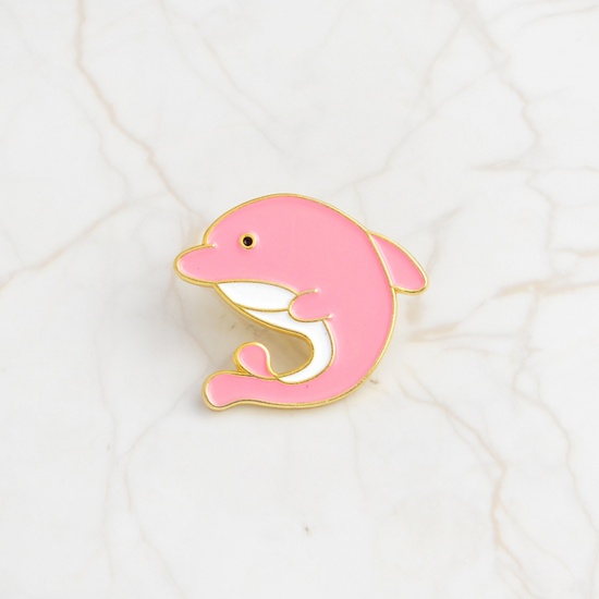 Picture of Ocean Jewelry Pin Brooches Dolphin Animal White & Pink Enamel 26mm x 22mm, 1 Piece