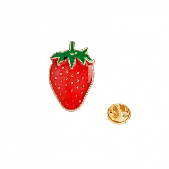 Picture of Pin Brooches Strawberry Fruit Red & Green Enamel 24mm x 16mm, 1 Piece