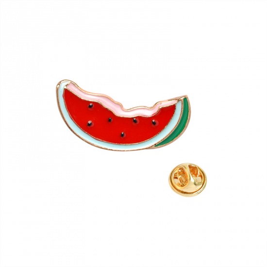 Picture of Pin Brooches Watermelon Fruit Red & Green Enamel 28mm x 12mm, 1 Piece