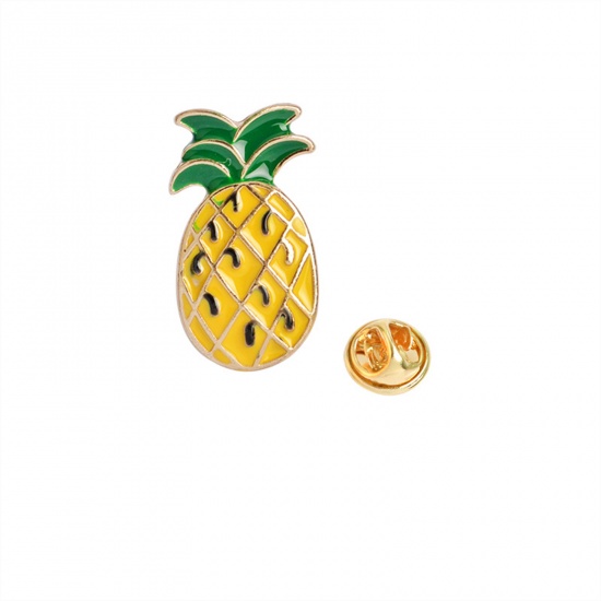 Picture of Pin Brooches Pineapple/ Ananas Fruit Green & Yellow Enamel 24mm x 13mm, 1 Piece