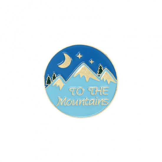 Picture of Pin Brooches Round Mountain Blue Enamel 28mm x 28mm, 1 Piece