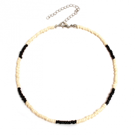 Picture of Glass Boho Chic Bohemia Beaded Choker Necklace Black & Beige 35cm(13 6/8") long, 1 Piece