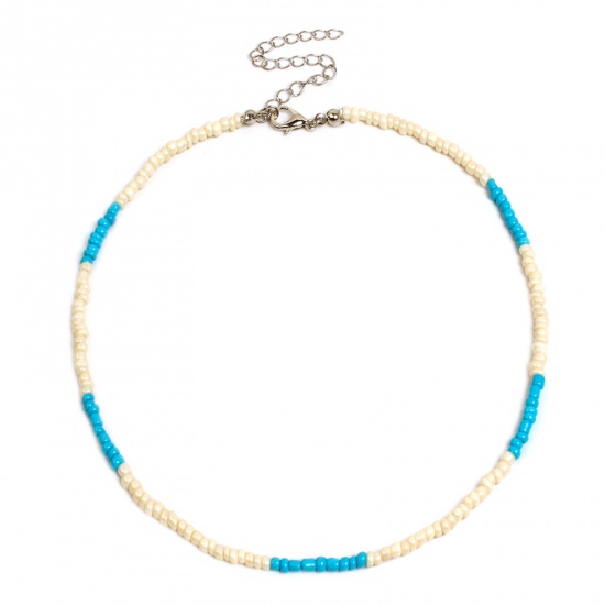 Picture of Glass Boho Chic Bohemia Beaded Choker Necklace Blue 35cm(13 6/8") long, 1 Piece