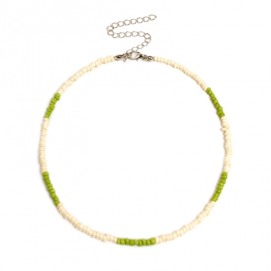 Picture of Glass Boho Chic Bohemia Beaded Choker Necklace Olive Green 35cm(13 6/8") long, 1 Piece