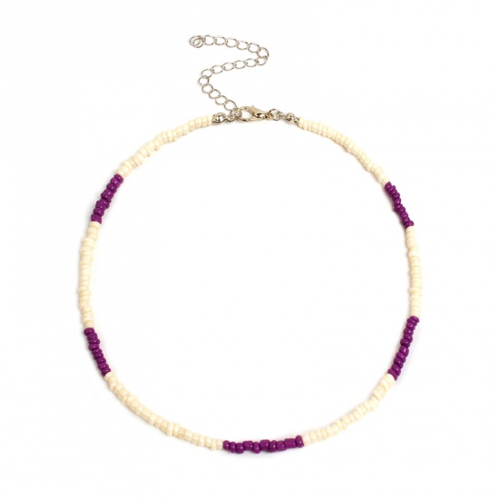 Picture of Glass Boho Chic Bohemia Beaded Choker Necklace Purple 35cm(13 6/8") long, 1 Piece