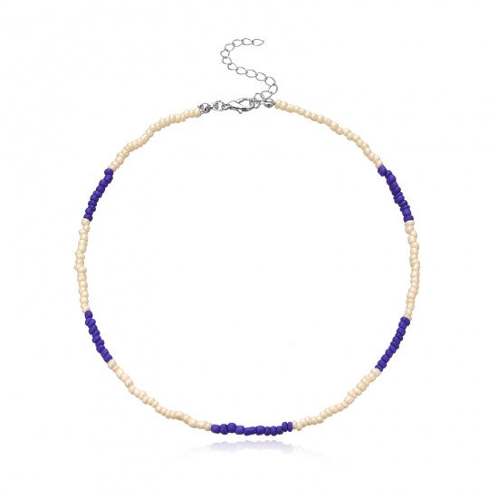 Picture of Glass Boho Chic Bohemia Beaded Choker Necklace Royal Blue 35cm(13 6/8") long, 1 Piece