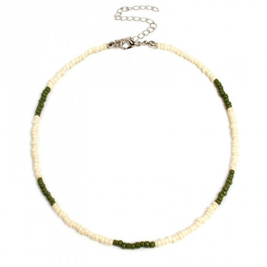 Picture of Glass Boho Chic Bohemia Beaded Choker Necklace Army Green 35cm(13 6/8") long, 1 Piece