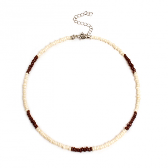 Picture of Glass Boho Chic Bohemia Beaded Choker Necklace Dark Brown 35cm(13 6/8") long, 1 Piece