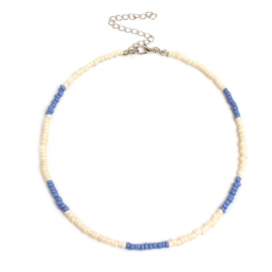 Picture of Glass Boho Chic Bohemia Beaded Choker Necklace Blue 35cm(13 6/8") long, 1 Piece