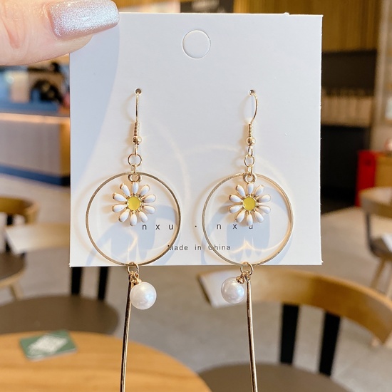 Picture of Earrings Gold Plated Circle Ring Daisy Flower Imitation Pearl 69mm x 20mm, 1 Pair