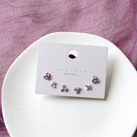 Picture of Stainless Steel & Ceramic Ear Post Stud Earrings Purple Leaf Clover 9mm, 1 Set ( 6 PCs/Set)