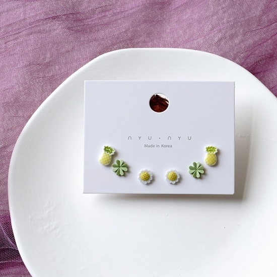 Picture of Stainless Steel & Ceramic Ear Post Stud Earrings White & Green Pineapple/ Ananas Fruit Flower 9mm, 1 Set ( 6 PCs/Set)