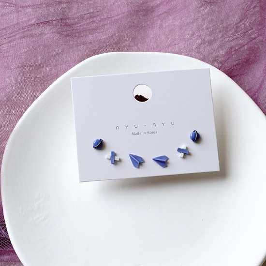 Picture of Stainless Steel & Ceramic Ear Post Stud Earrings Blue Airplane Universe Planet 9mm, 1 Set ( 6 PCs/Set)