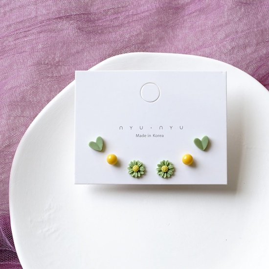 Picture of Stainless Steel & Ceramic Ear Post Stud Earrings Green & Yellow Heart Flower 9mm, 1 Set ( 6 PCs/Set)