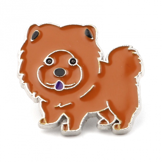 Picture of Pin Brooches Chow Chow Dog Brown Enamel 26mm x 24mm, 1 Piece