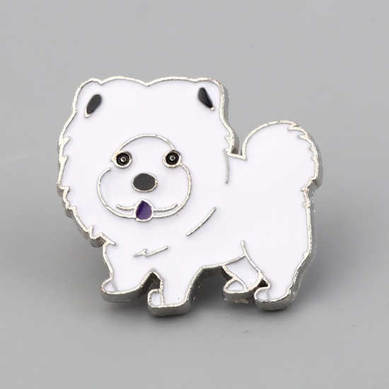 Picture of Pin Brooches Chow Chow Dog White Enamel 26mm x 24mm, 1 Piece