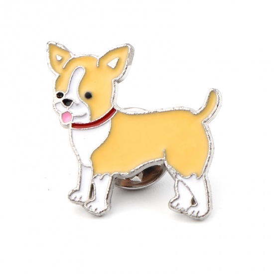 Picture of Pin Brooches Chihuahua Dog Yellow Enamel 24mm x 23mm, 1 Piece